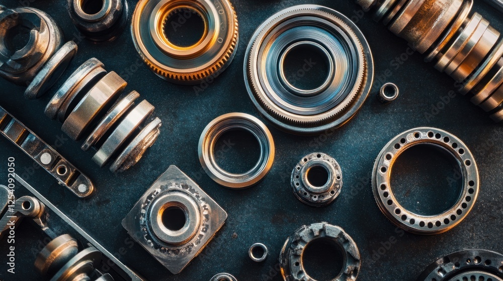 Different kinds of bearings are shown on a metal surface, highlighting crucial parts of mechanical systems. Different kinds of bearings are shown on a metal surface, highlighting crucial parts of mechanical systems.