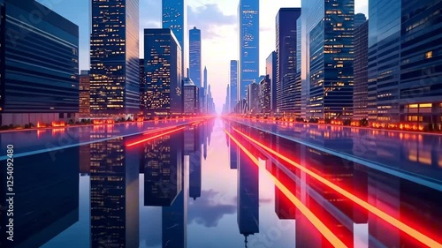 Skyscrapers of a big city, view from the street, around you can see streams of information and data in the form of lights. The concept of cities, megacities, information