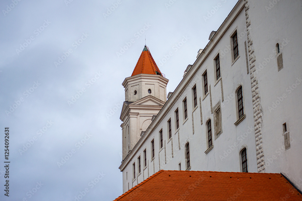 Bratislava Castle is massive rectangular building with four corner towers stands on an isolated rocky hill of the Little Carpathians in Bratislava Bratislava Castle is massive rectangular building with four corner towers stands on an isolated rocky hill of the Little Carpathians in Bratislava
