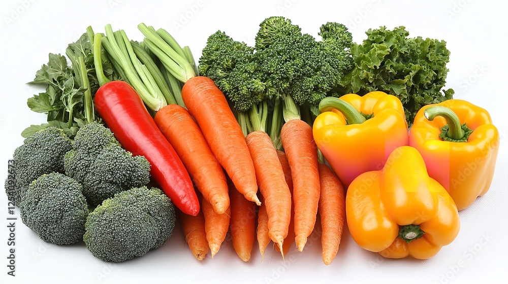 Fresh vegetables including carrots, broccoli, and bell peppers on a white background, top view, perfect for healthy eating concepts Fresh vegetables including carrots, broccoli, and bell peppers on a white background, top view, perfect for healthy eating concepts