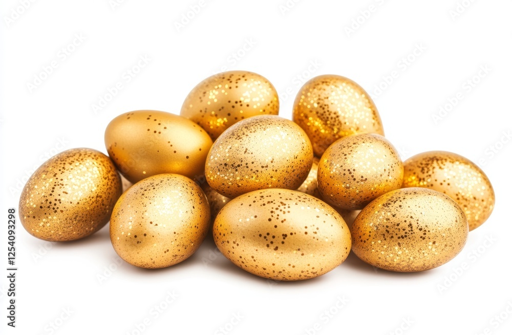 Glittery gold eggs pile, studio shot, white background, Easter Glittery gold eggs pile, studio shot, white background, Easter