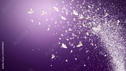 White butterflies swirl, purple background