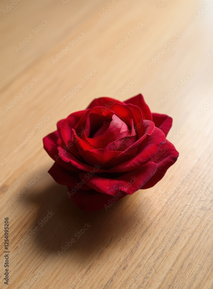 One Red Rose Flower on Wooden Tabletop in Sunlight Creates Soft Shadows One Red Rose Flower on Wooden Tabletop in Sunlight Creates Soft Shadows
