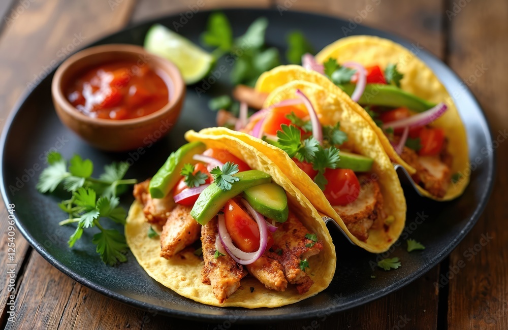 Top view of chicken tacos with veggies and salsa. Tacos feature chicken, avocado, tomato, onion, cilantro. Black plate on wooden table, delicious food presentation. Top view of chicken tacos with veggies and salsa. Tacos feature chicken, avocado, tomato, onion, cilantro. Black plate on wooden table, delicious food presentation.