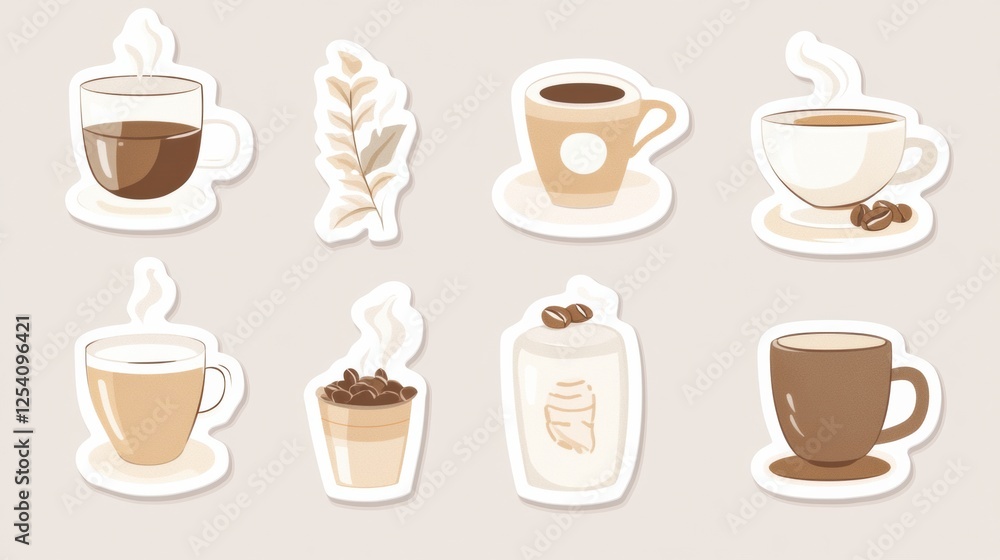 Obraz premium Stylish stickers featuring different coffee cups and coffee beans in a minimalist design suitable for various decorations. Generative AI