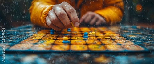 Rainy day board game, outdoor fun, nature background