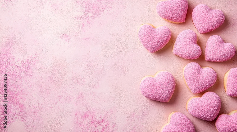 Fototapeta premium Heart-shaped pastries, decorated with pink icing and arranged on a pink background, embody the cozy and sweet theme of Valentine's Day treats.