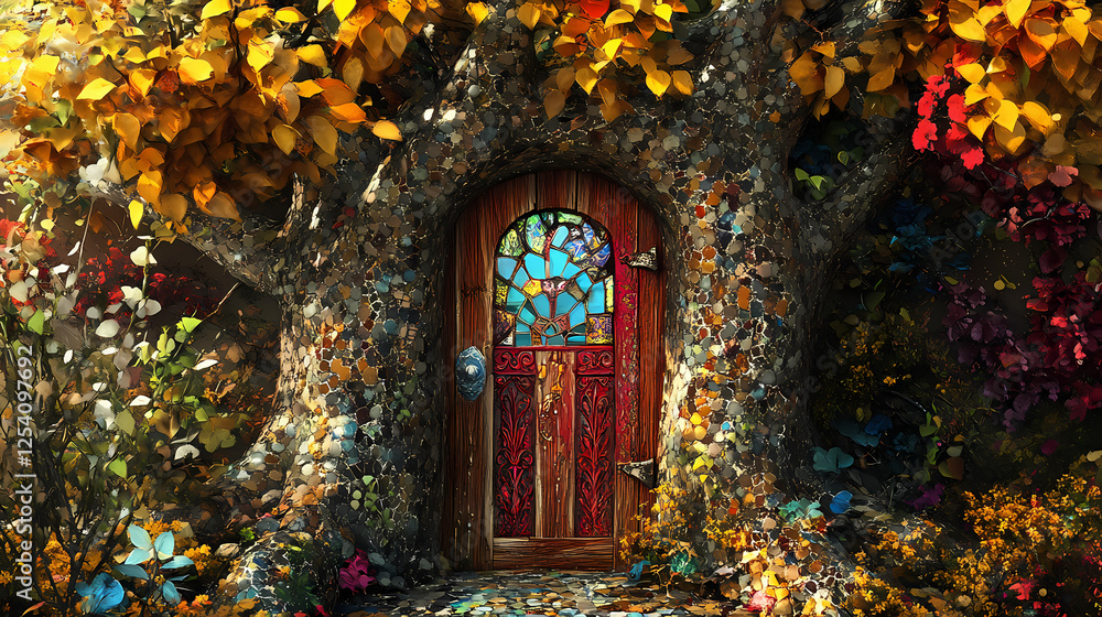 Fototapeta premium A whimsical tree door surrounded by colorful vines and mosaic patterns inviting you into a fantasy world of nature's beauty. Mosaic Dreamscapes. Illustration