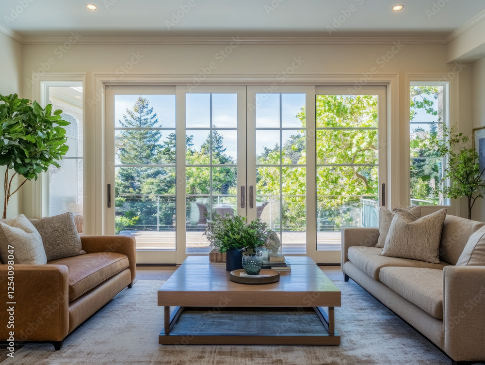 Fototapeta premium Spacious Modern Living Room with White Leather Sofas and Large Windows
