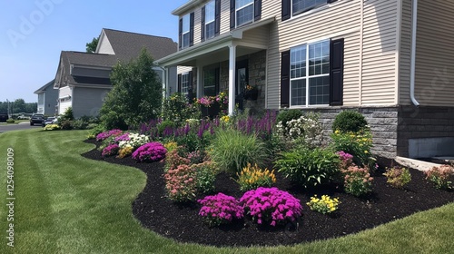 Beautiful Suburban Home Landscape Featuring Vibrant Flowerbeds