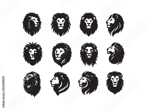 Lion face and head bundle silhouette vector isolated with white background