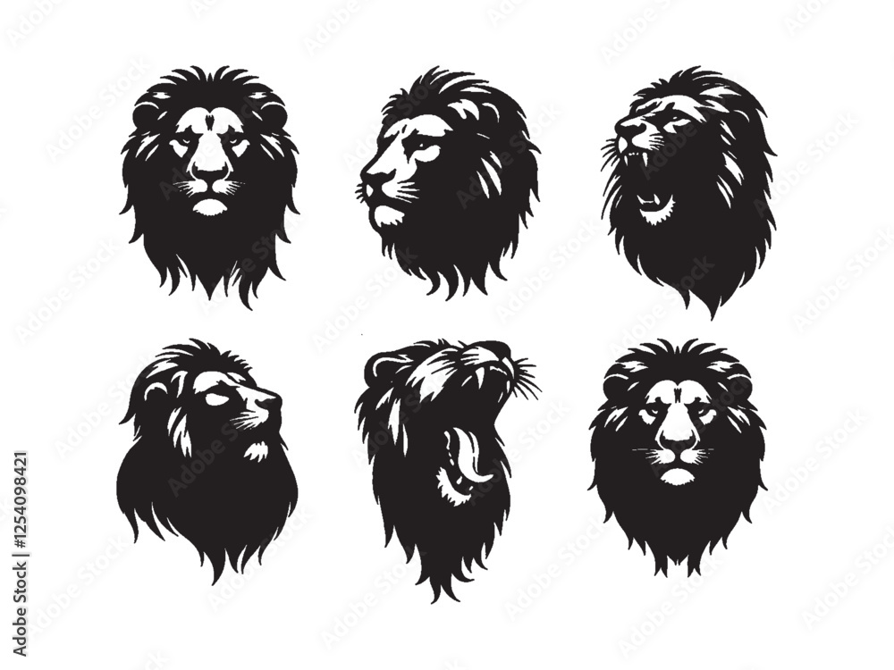 Fototapeta premium Lion face and head bundle silhouette vector isolated on white background