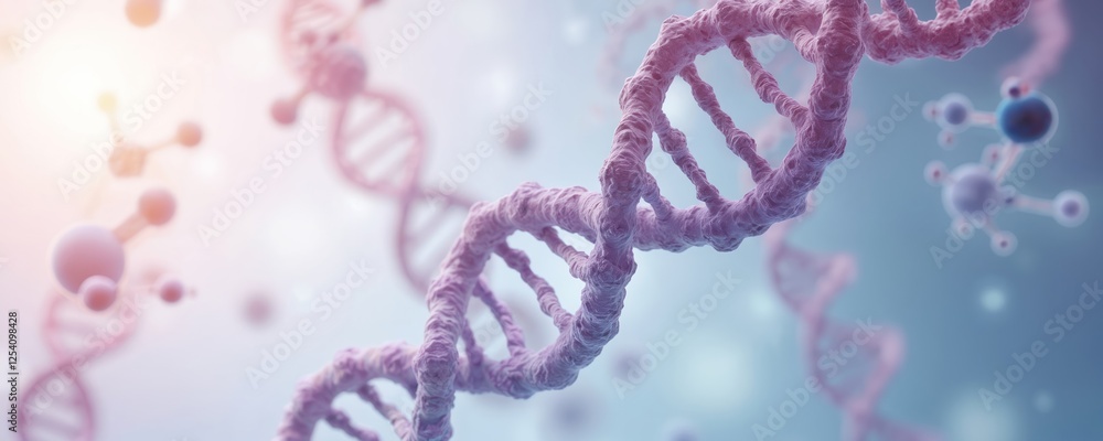Naklejka premium Illustration of DNA molecular structure. Genetic research, gene synthesis, lab experiment. DNA sequencing visualisation. Helix string of molecule construction and experiment of life science.