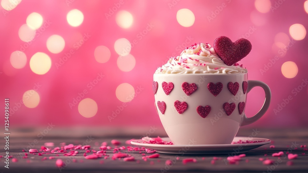 Fototapeta premium A miniature chocolate cake in a cup, featuring heart-shaped candies and white frosting, is placed on a light wooden surface, framed by a blurred pink background.