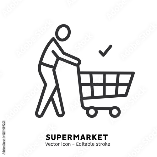 Shopping cart line icon. Supermarket, grocery store with automated self-checkout terminal. Contactless payment, cashless paying, checkout self service flat outline icon. Editable stroke