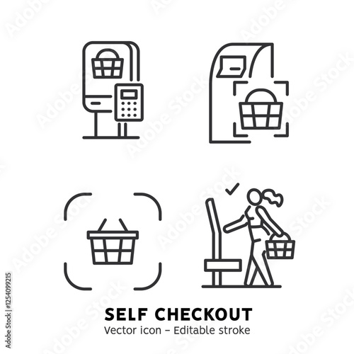 Self-service checkout line icons set. Supermarket, grocery store with automated self-checkout terminal. Contactless payment, cashless paying, checkout self service flat outline icons. Editable stroke