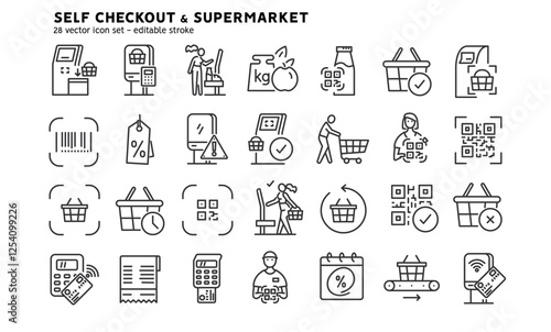 Self-service checkout line icons set. Supermarket, grocery store with automated self-checkout terminal. Contactless payment, cashless paying, checkout self service flat outline icons. Editable stroke