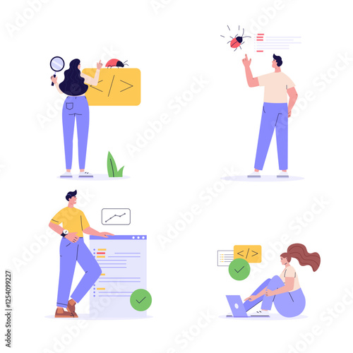 Software testing illustration set. Coders working with code testing and debugging, searching bugs. Collection of software testing, bug report, quality assurance, fixing program code. Vector design
