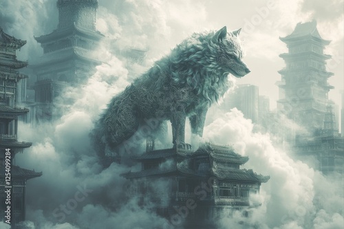 Mythical wolf guardian in ancient city surreal art dreamlike environment mystical perspective