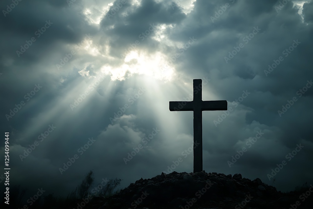 Cross and empty tomb with glowing rays of light Cross and empty tomb with glowing rays of light