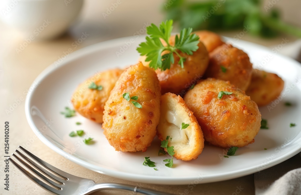 Close-up of bolinhos de bacalhau, portuguese cod fritters served on plate with parsley garnish. Delicious, fried snack traditional portuguese gastronomy dish. Perfect for tapas bars food photography. Close-up of bolinhos de bacalhau, portuguese cod fritters served on plate with parsley garnish. Delicious, fried snack traditional portuguese gastronomy dish. Perfect for tapas bars food photography.