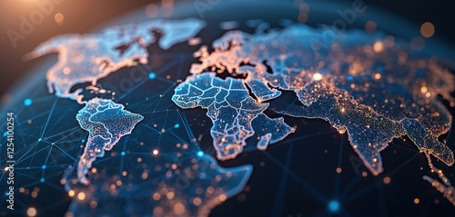 Abstract glowing map of planet Earth with network mesh. Concept of worldwide data transfer, global business, international exchange, telecommunication. Worldwide web connection, Middle East