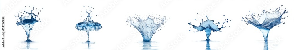 Five water splashes on white background, droplet impact, design element Five water splashes on white background, droplet impact, design element