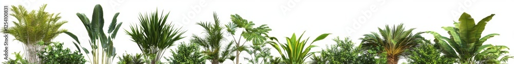 Obraz premium Lush tropical foliage row, white backdrop, website design