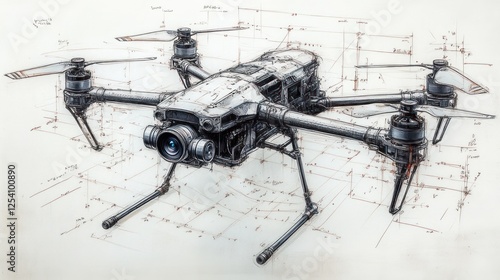 Detailed technical drawing of a drone with camera.