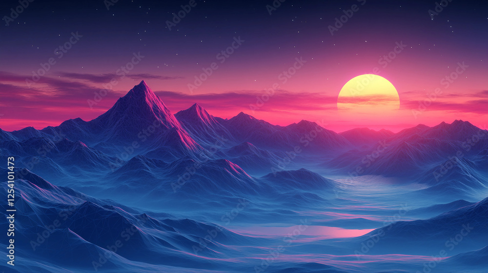 Low-poly 3D mountain landscape at dusk, cool blue and purple shades, geometric minimalism Low-poly 3D mountain landscape at dusk, cool blue and purple shades, geometric minimalism