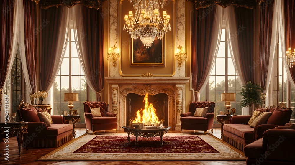 Fototapeta premium Luxury Living Room Interior with Grand Fireplace, Plush Velvet Sofas, Crystal Chandelier, and Marble Accents in a Cozy Sophisticated Atmosphere