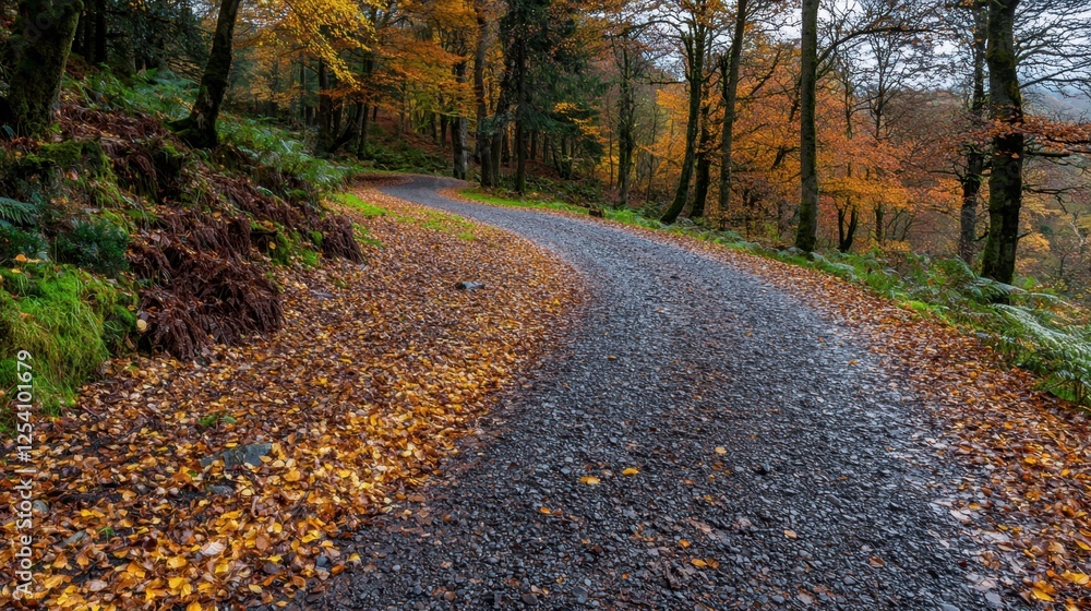 Fototapeta premium A scenic pathway meanders through a vibrant autumn forest, adorned with fallen leaves in shades of orange and yellow. The tranquil atmosphere invites exploration