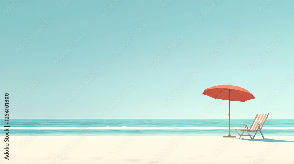 Relaxation at the beach with a lounge chair and umbrella under a clear blue sky and gentle ocean waves. Generative AI Relaxation at the beach with a lounge chair and umbrella under a clear blue sky and gentle ocean waves. Generative AI