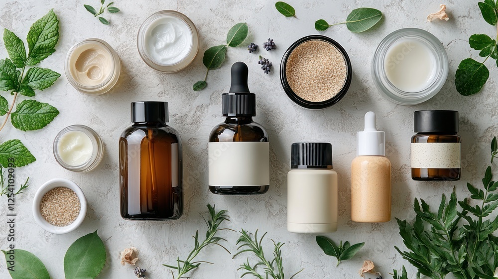 Natural skincare products arranged with herbs and leaves Natural skincare products arranged with herbs and leaves