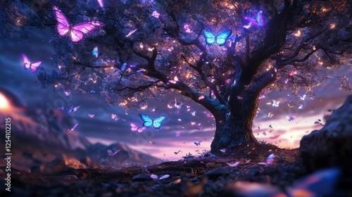 Neon Butterfly Tree, a vibrant tree with luminous leaves transforming into glowing butterflies, enchanting and colorful display of nature's magic photo