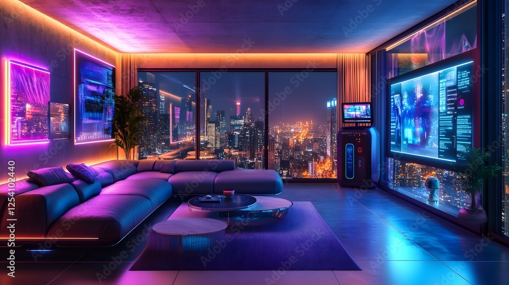 Futuristic Living Room Featuring Glowing Holographic Displays, Interactive 3D Projections, and Neon Accents with a View of a Futuristic Cityscape Futuristic Living Room Featuring Glowing Holographic Displays, Interactive 3D Projections, and Neon Accents with a View of a Futuristic Cityscape