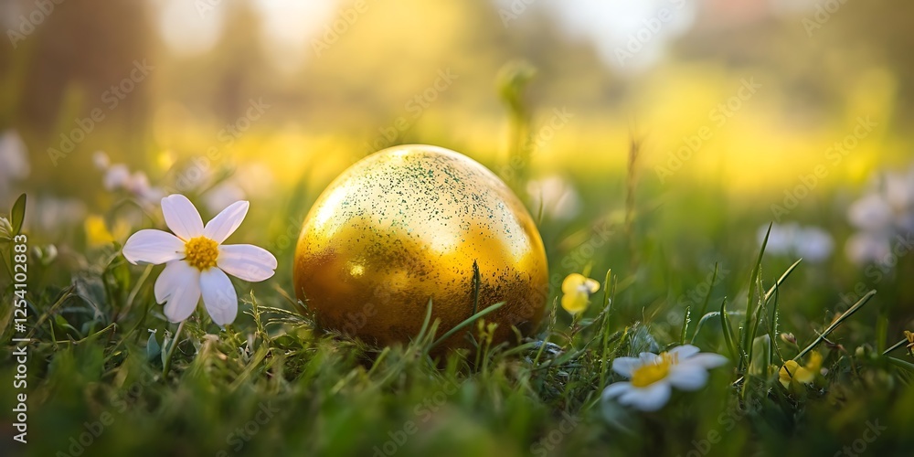 Golden Easter egg on grass field with spring flowers Golden Easter egg on grass field with spring flowers