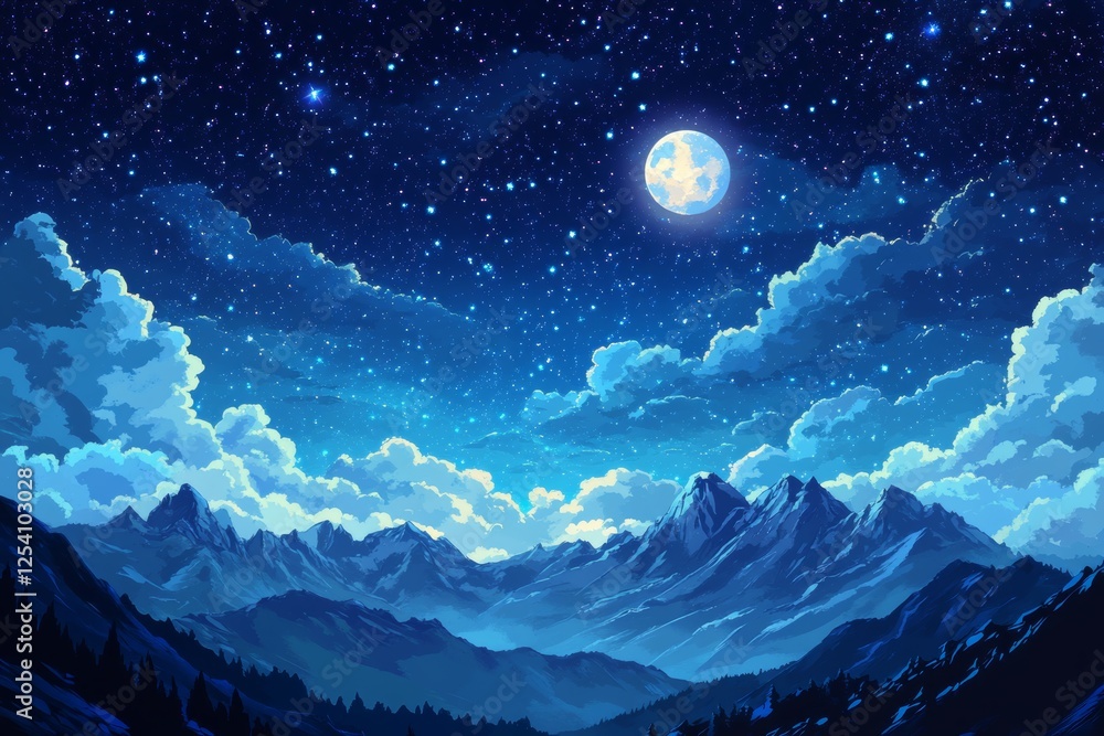 Night Sky, Mountain Range, Full Moon, Clouds, Stars, Fantasy Art, Wallpaper, Digital Painting Night Sky, Mountain Range, Full Moon, Clouds, Stars, Fantasy Art, Wallpaper, Digital Painting