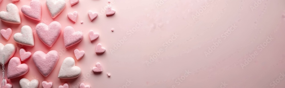 Heart shaped marshmallows on pink background for Valentines day banner. Sweet dessert candy food border. Romantic love celebration card with copy space. Heart shaped marshmallows on pink background for Valentines day banner. Sweet dessert candy food border. Romantic love celebration card with copy space.