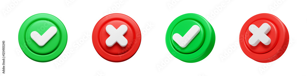 Cross and check mark symbol set. Right and wrong concept. 3d icons render illustration isolated on transparent background. Cutout
Cross and check mark symbol set. Right and wrong concept. 3d icons render illustration isolated on transparent background. Cutout