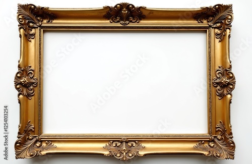Large empty golden picture frame in vintage retro style, isolated on white background. Ornate carved gilded framework for painting or photo. Aged luxurious decor. Copy space.