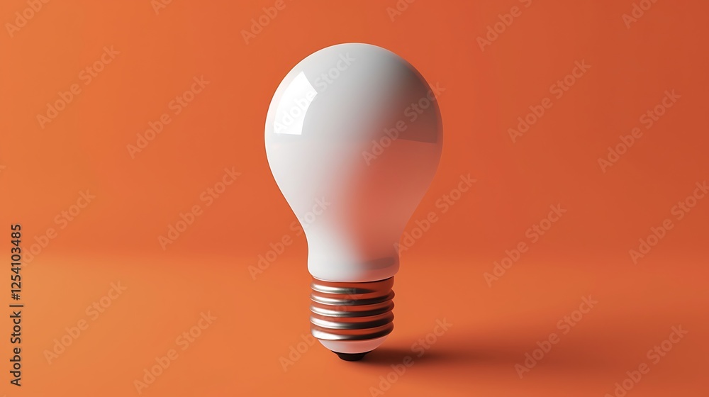 Minimalistic 3D render of a white light bulb on an orange backdrop, symbolizing innovation and creativity. Perfect for adding text or design elements.