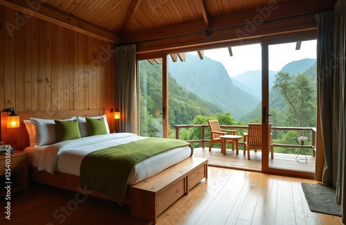 Interior of eco-lodge hotel with forest view. Relaxing ambiance surrounded by nature. Wooden cabin offers sustainable luxury and tranquility. Perfect accommodation for ecotourism in mountains. photo