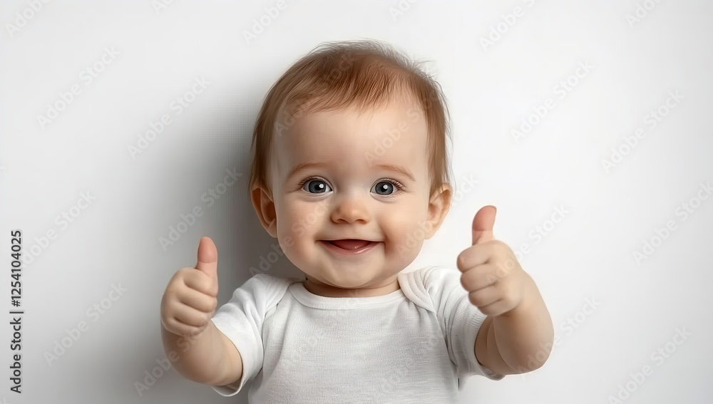 Happy Smiling Baby Boy Giving Thumbs-Up Gesture Against White Background in Minimalist Style, Symbolizing Joy and Positivity Happy Smiling Baby Boy Giving Thumbs-Up Gesture Against White Background in Minimalist Style, Symbolizing Joy and Positivity