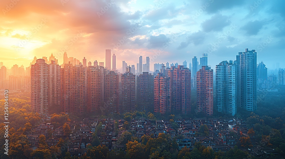 Fototapeta premium Skyscrapers of core nations towering above contrasted rural villages in the periphery nations a split screen effect showcasing economic disparity one side vibrant and the other struggling