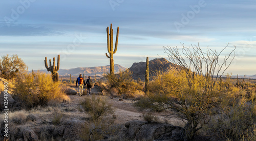 Couple Holding Hands Hiking Om Desert Trail In Arizona With Cactus & Mountain Backdrop