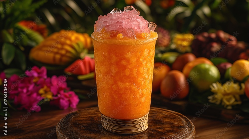 Vibrant Tropical Mango Smoothie with Pink Sugar Garnish Surrounded by Fresh Fruits and Flowers in Lush Garden Setting | Refreshing Exotic Summer Beverage