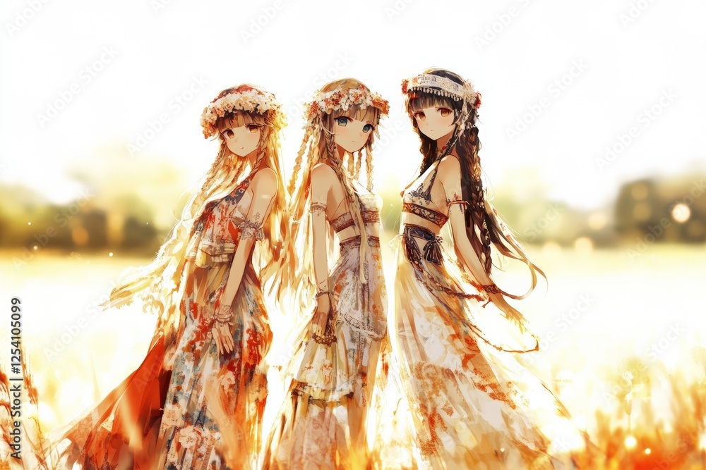 Fototapeta premium Three ethereal women in flowing dresses standing in a sunlit field