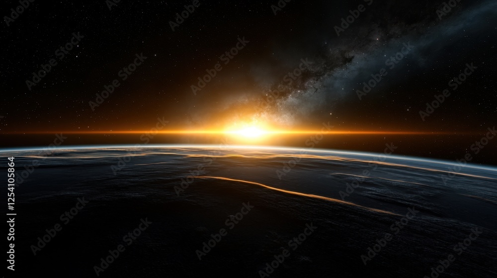 Fototapeta premium A stunning sunrise emerges beyond the horizon of Earth, casting warm light across its surface while stars and a distant galaxy create a mesmerizing backdrop in space