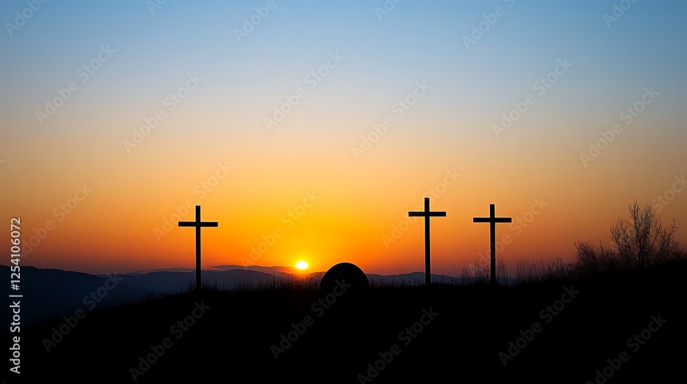 Obraz premium Empty tomb with three crosses at dawn against morning sky